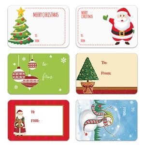 Set of six festive Merry Christmas gift labels featuring Santa, snowman, and tree designs