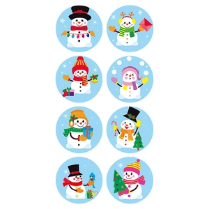 Roll of 8 assorted Christmas snowman stickers for holiday gift envelope sealing decoration