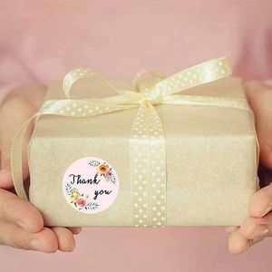 Floral Thank You stickers on kraft gift box with ribbon for decorative packaging
