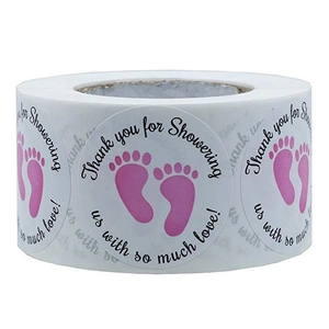 Pink baby shower footprint thank you labels roll for gift packaging and favors