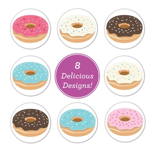 Set of 8 colorful donut cake baking stickers featuring various delicious dessert designs
