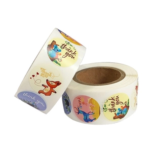 Two rolls of animal oil painting thank you stickers featuring cute fox and koala designs