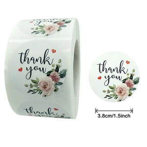 38mm floral Thank You roll stickers with pink roses and leaves for envelope sealing