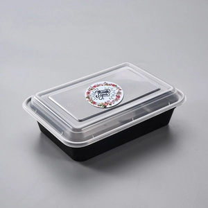Rechteckige schwarze Essensbox mit Klarsichtdeckel und floralem Thank You Sticker