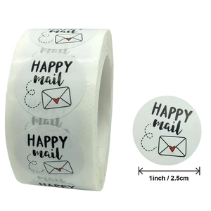 25mm Happy Mail round sticker roll with heart envelope icon for mailing and packaging