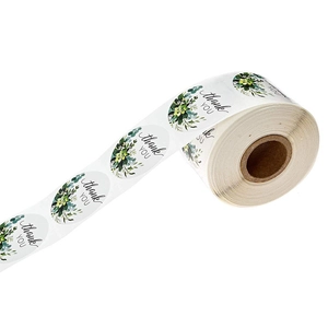 Floral Thank You stickers roll with green leaf design for gift packaging sealing