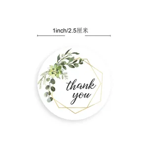 Floral thank you stickers with green leaves and gold geometric frame on white background