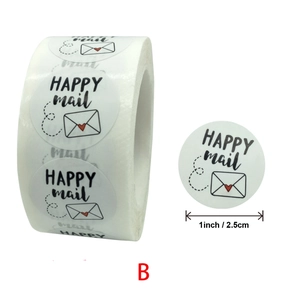 25mm round white adhesive labels with Happy Mail lettering and heart envelope graphics
