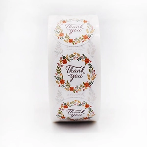 Floral wreath Thank You stickers roll for envelope sealing and gift packaging