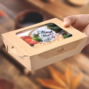 Boîte alimentaire en papier kraft avec fenêtre et autocollant Merci pour salade à emporter