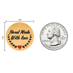 Brown kraft paper Hand Made With Love bakery sticker with 1 inch size comparison
