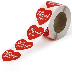 1.5 inch heart shaped red thank you stickers roll for wedding gift and bakery packaging