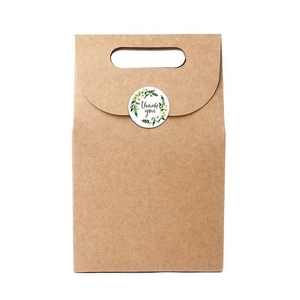Brown kraft gift bag with handle cutout and floral Thank You sealing sticker on white background
