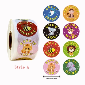 Roll of 8 cute animal reward stickers for kids featuring a 1-inch diameter size