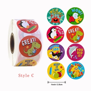 Roll of 500 cute animal reward stickers for kids featuring 8 cartoon motivation designs