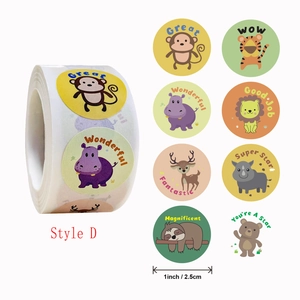 Roll of 1-inch cute animal motivational reward stickers featuring 8 cartoon designs