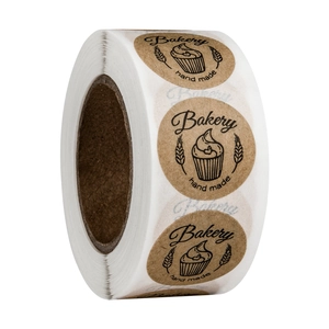 Round Kraft Paper Sticker Labels Handmade Bakery Theme Cupcake Wheat Ear Design Packaging Sealing For Gift Cake Bread