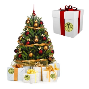 Golden Merry Christmas labels with festive patterns on gift boxes near a Christmas tree