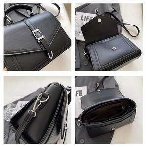 Detailed views of black textured leather handbag showing hardware and inner compartments