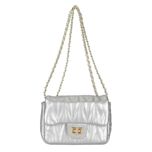 Silver quilted shoulder bag with V-pattern stitching and golden chain strap in white background