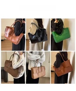 Collage of wide weave leather tote bags in various colors for daily commute and styling