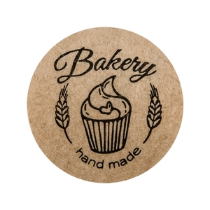 Round kraft paper bakery stickers with cupcake design and hand made text for food packaging