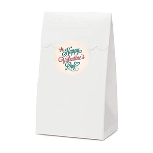 White gift bag with wave edge and Happy Valentine's Day sticker with Cupid icon