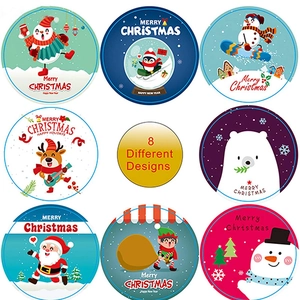 Set of 8 colorful Christmas cartoon stickers featuring Santa, snowmen, and festive reindeer