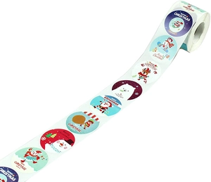Roll of 1-inch cartoon Christmas stickers featuring Santa, reindeer and snowman designs