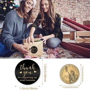 Black and gold round labels for business gifts with thank you for supporting message