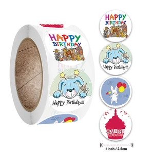 Happy Birthday Round Labels Stickers Cartoon Animal Rabbit Dog Patterns Adhesive For Gift Box Decoration Party Favors