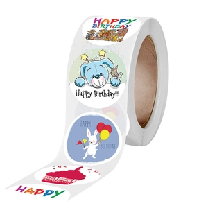 Roll of cartoon animal Happy Birthday stickers featuring dogs, bears, and rabbits on white