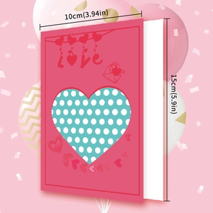 Pink Happy Valentine's Day heart envelope card with LOVE text and size dimensions