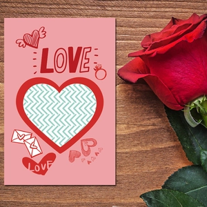 Pink Happy Valentine's Day card with red LOVE text, heart icons, and a red rose