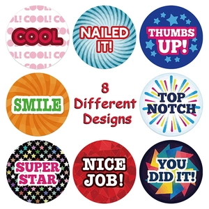 Set of 8 colorful round reward stickers with motivational words for school and kids