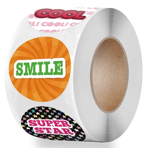 Roll of colorful reward stickers for kids featuring Smile and Super Star round designs