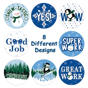 Christmas Reward Stickers Roll Circular Self-Adhesive Snowman Penguin Patterns Kids Encouragement Classroom Stationery Decorative Labels