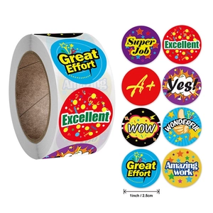 Roll of 8 colorful 1 inch reward stickers with motivational words for kids and students
