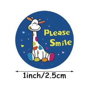 Cartoon giraffe reward sticker for children with Please Smile text on blue background