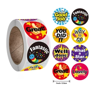 Roll of 1 inch reward stickers with 8 colorful cartoon designs for school encouragement