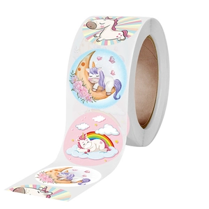 Roll of cartoon unicorn thank you stickers with rainbow patterns for gift packaging