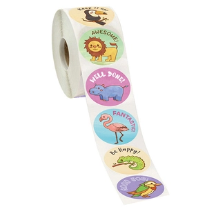 Detail of roll stickers with colorful cartoon animals and English reward phrases