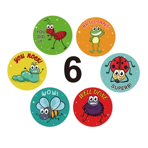 Set of 6 colorful insect-themed reward stickers for kids featuring motivational English words