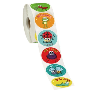 Roll of 1.5 inch colorful insect reward stickers with motivational words for kids