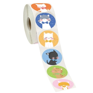 Cartoon Cat Reward Stickers Roll Round Self Adhesive Labels For Kids School Teacher Supplies Decoration Envelope Seals Stationery Gift Decor