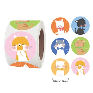 1.5 inch colorful round cat stickers for kids stationery with 6 cute cartoon designs