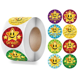 Roll of 8 colorful star reward stickers with motivational text and smiley faces for kids