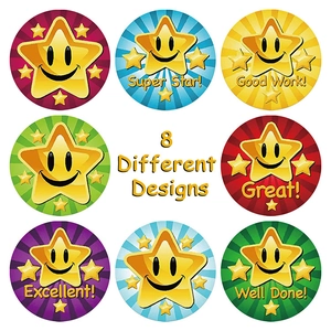 Set of 8 colorful star reward stickers with smiley faces and motivational English text