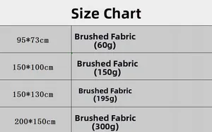 Size chart for astronaut tapestry with measurements 95x73cm to 200x150cm and fabric weights