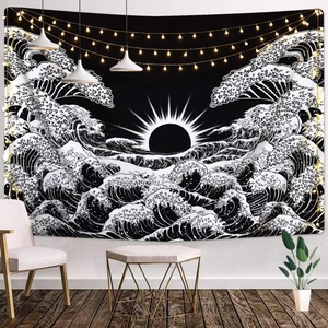 Artistic black and white mandala tapestry with sun and moon ocean wave motifs for wall decor